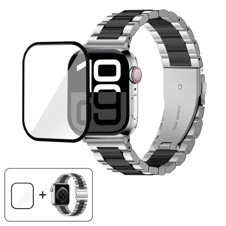 三珠不鏽鋼錶帶搭配3D曲面膜，適用於Apple Watch系列10 46mm、10 42mm、44mm、40mm