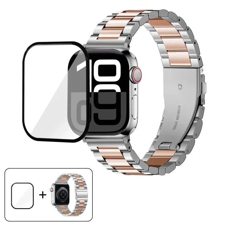 三珠不鏽鋼錶帶搭配3D曲面膜，適用於Apple Watch系列10 46mm、10 42mm、44mm、40mm