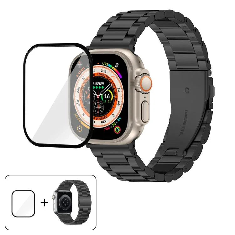 三珠不鏽鋼錶帶搭配3D曲面膜，適用於Apple Watch Ultra 2 / 1 49mm、系列45mm、41mm、38mm