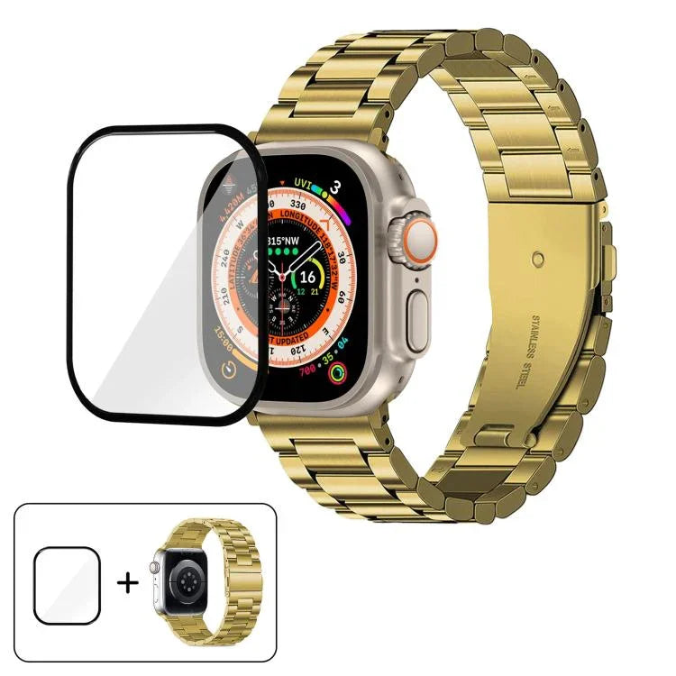 三珠不鏽鋼錶帶搭配3D曲面膜，適用於Apple Watch Ultra 2 / 1 49mm、系列45mm、41mm、38mm