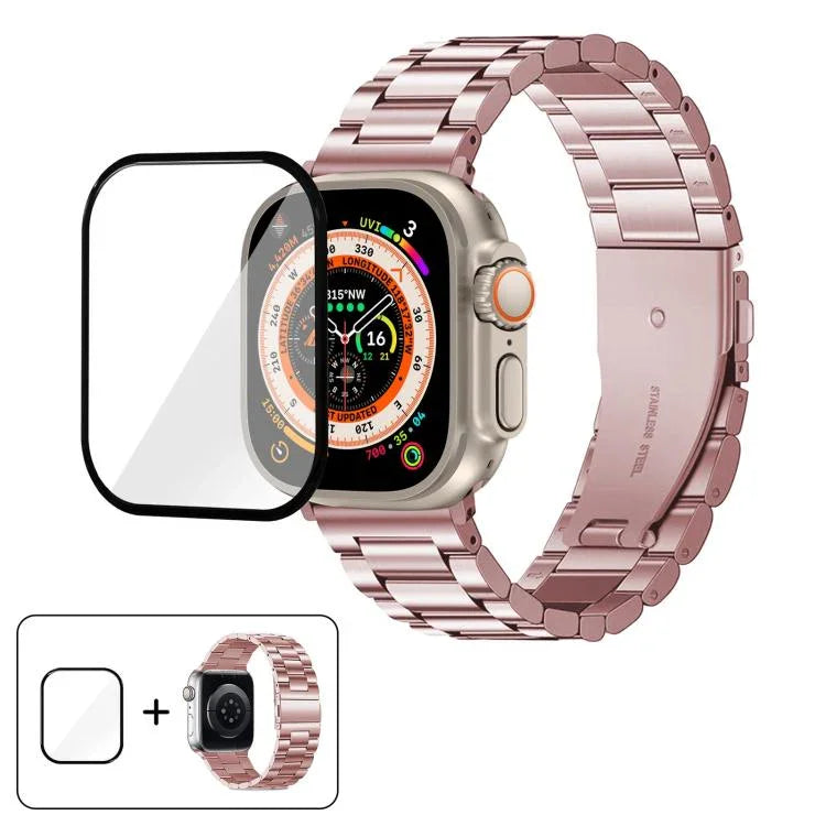 三珠不鏽鋼錶帶搭配3D曲面膜，適用於Apple Watch Ultra 2 / 1 49mm、系列45mm、41mm、38mm
