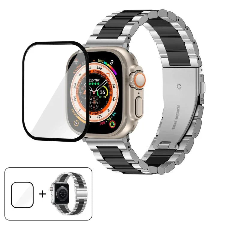 三珠不鏽鋼錶帶搭配3D曲面膜，適用於Apple Watch Ultra 2 / 1 49mm、系列45mm、41mm、38mm