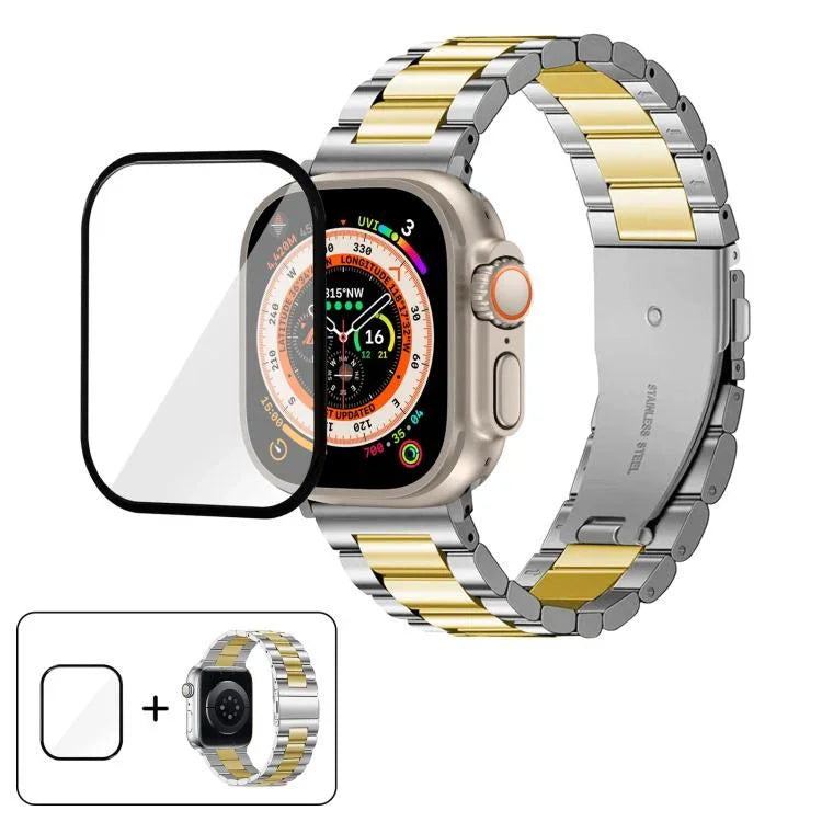 三珠不鏽鋼錶帶搭配3D曲面膜，適用於Apple Watch Ultra 2 / 1 49mm、系列45mm、41mm、38mm