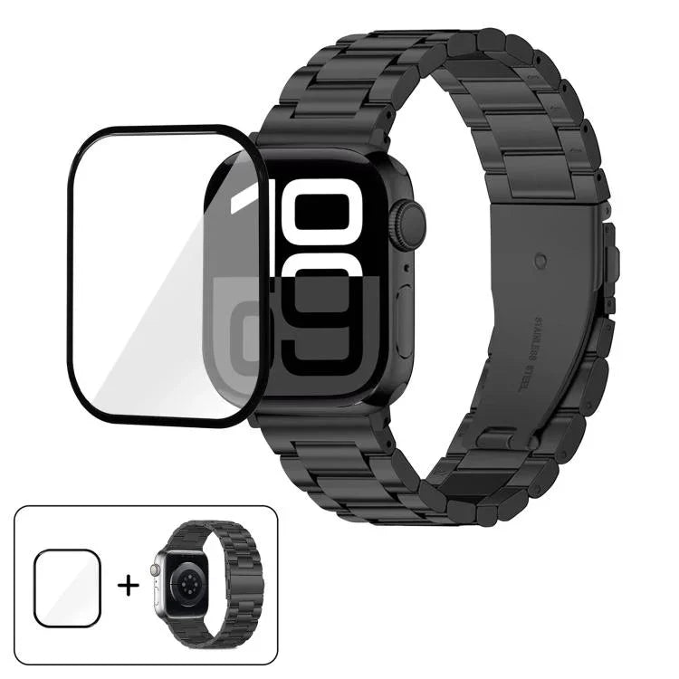 三珠不鏽鋼錶帶搭配3D曲面膜，適用於Apple Watch Ultra 2 / 1 49mm、系列45mm、41mm、38mm