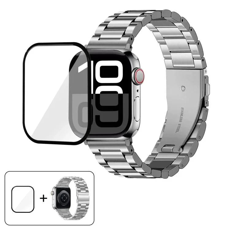 三珠不鏽鋼錶帶搭配3D曲面膜，適用於Apple Watch Ultra 2 / 1 49mm、系列45mm、41mm、38mm