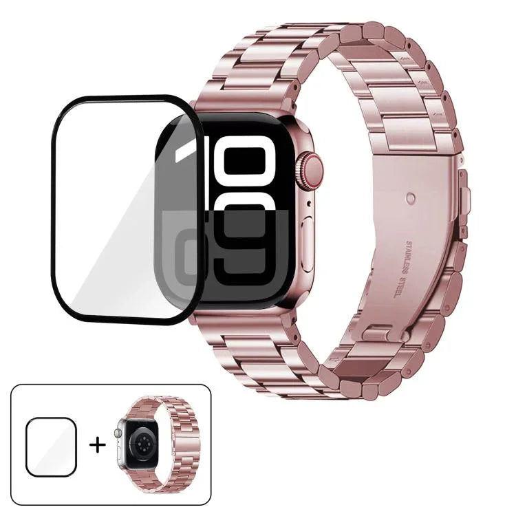 三珠不鏽鋼錶帶搭配3D曲面膜，適用於Apple Watch Ultra 2 / 1 49mm、系列45mm、41mm、38mm