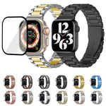 三珠不鏽鋼錶帶搭配3D曲面膜，適用於Apple Watch Ultra 2 / 1 49mm、系列45mm、41mm、38mm