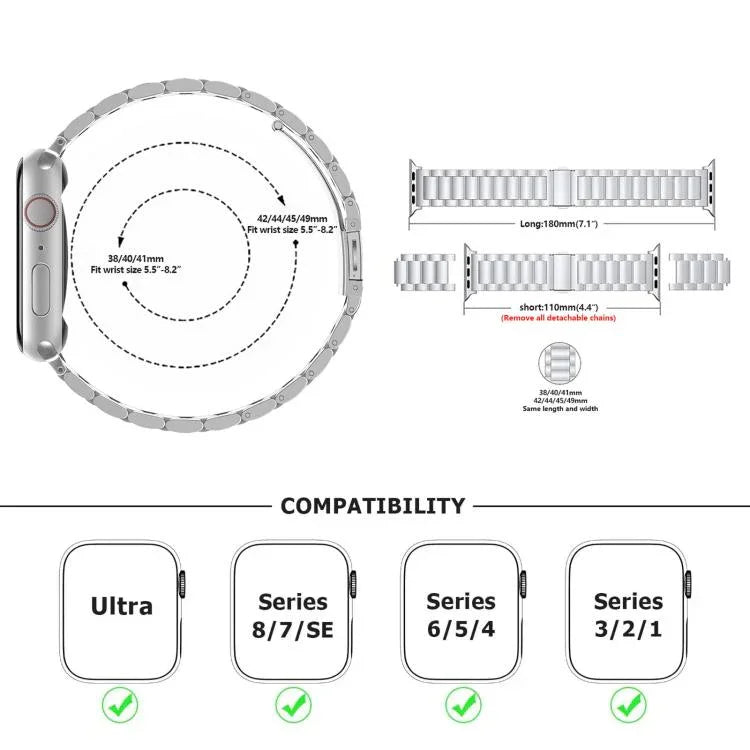 三珠不鏽鋼錶帶搭配3D曲面膜，適用於Apple Watch系列10 46mm、10 42mm、44mm、40mm