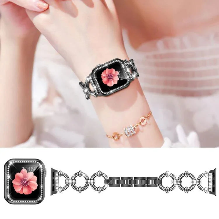 xDfind O形鑽石金屬錶帶，配備鋼化膜整合PC保護殼，適用於Apple Watch系列10 46毫米，Apple Watch系列10 42毫米，Apple Watch系列44毫米，Apple Watch系列40毫米，Apple Watch Ultra 2 / 1 49毫米