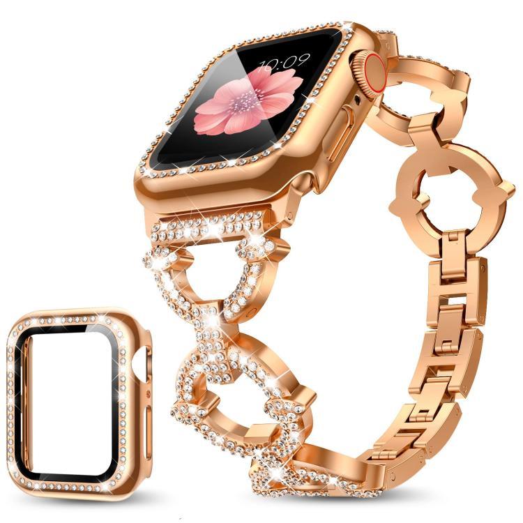 xDfind O形鑽石金屬錶帶，配備鋼化膜整合PC保護殼，適用於Apple Watch系列10 46毫米，Apple Watch系列10 42毫米，Apple Watch系列44毫米，Apple Watch系列40毫米，Apple Watch Ultra 2 / 1 49毫米