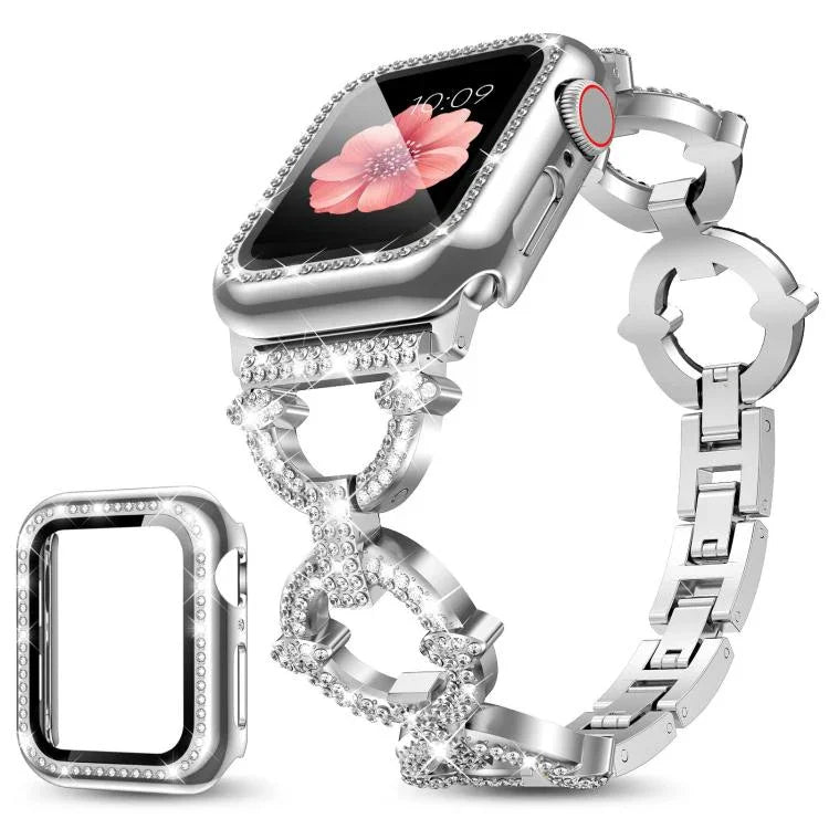 xDfind O形鑽石金屬錶帶，配備鋼化膜整合PC保護殼，適用於Apple Watch系列10 46毫米，Apple Watch系列10 42毫米，Apple Watch系列44毫米，Apple Watch系列40毫米，Apple Watch Ultra 2 / 1 49毫米