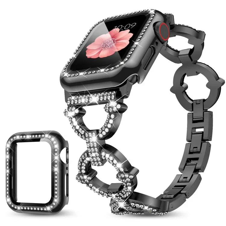 xDfind O形鑽石金屬錶帶，配備鋼化膜整合PC保護殼，適用於Apple Watch系列10 46毫米，Apple Watch系列10 42毫米，Apple Watch系列44毫米，Apple Watch系列40毫米，Apple Watch Ultra 2 / 1 49毫米