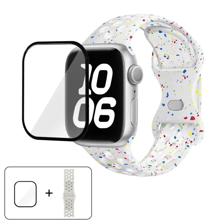 帶有3D曲面膜的蝴蝶扣彩點矽膠錶帶，適用於Apple Watch系列42毫米
