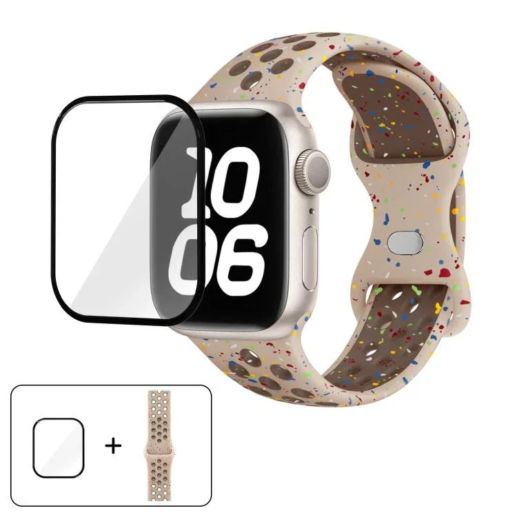 帶有3D曲面膜的蝴蝶扣彩點矽膠錶帶，適用於Apple Watch系列42毫米