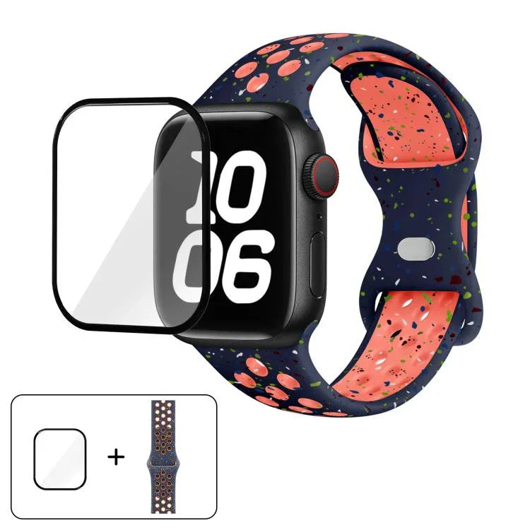 帶有3D曲面膜的蝴蝶扣彩點矽膠錶帶，適用於Apple Watch系列42毫米