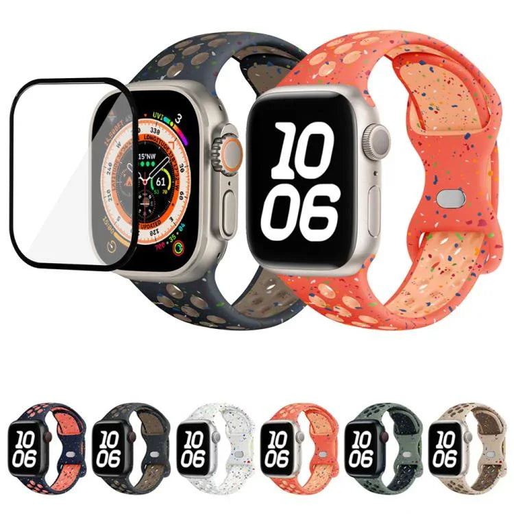 帶有3D曲面膜的蝴蝶扣彩點矽膠錶帶，適用於Apple Watch系列42毫米
