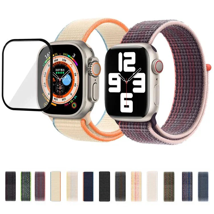 基本尼龍環形錶帶，配備3D曲面保護膜，適用於Apple Watch Series 10 46mm、Apple Watch Series 10 42mm、Apple Watch Series 44mm