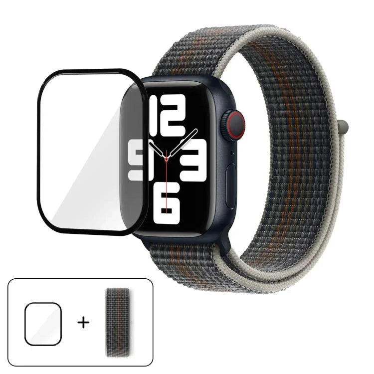 基本尼龍環形錶帶，配備3D曲面保護膜，適用於Apple Watch Series 40mm、Apple Watch Ultra 2 / 1 49mm、Apple Watch Series 45mm