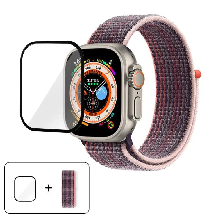 基本尼龍環形錶帶，配備3D曲面保護膜，適用於Apple Watch Series 40mm、Apple Watch Ultra 2 / 1 49mm、Apple Watch Series 45mm