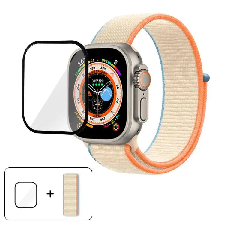 基本尼龍環形錶帶，配備3D曲面保護膜，適用於Apple Watch Series 40mm、Apple Watch Ultra 2 / 1 49mm、Apple Watch Series 45mm