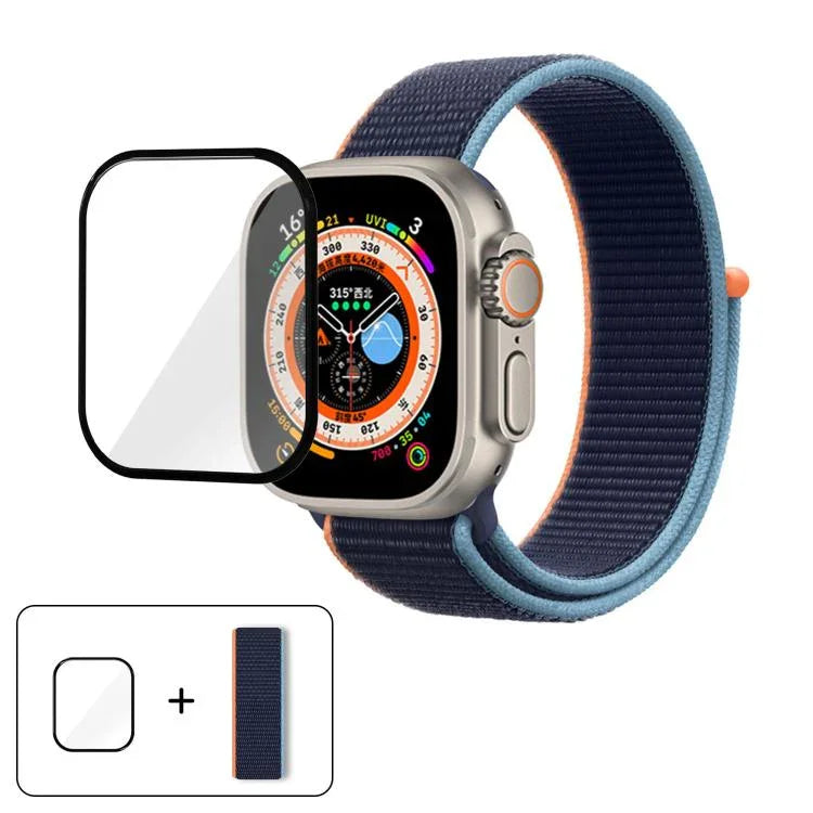 基本尼龍環形錶帶，配備3D曲面保護膜，適用於Apple Watch Series 40mm、Apple Watch Ultra 2 / 1 49mm、Apple Watch Series 45mm