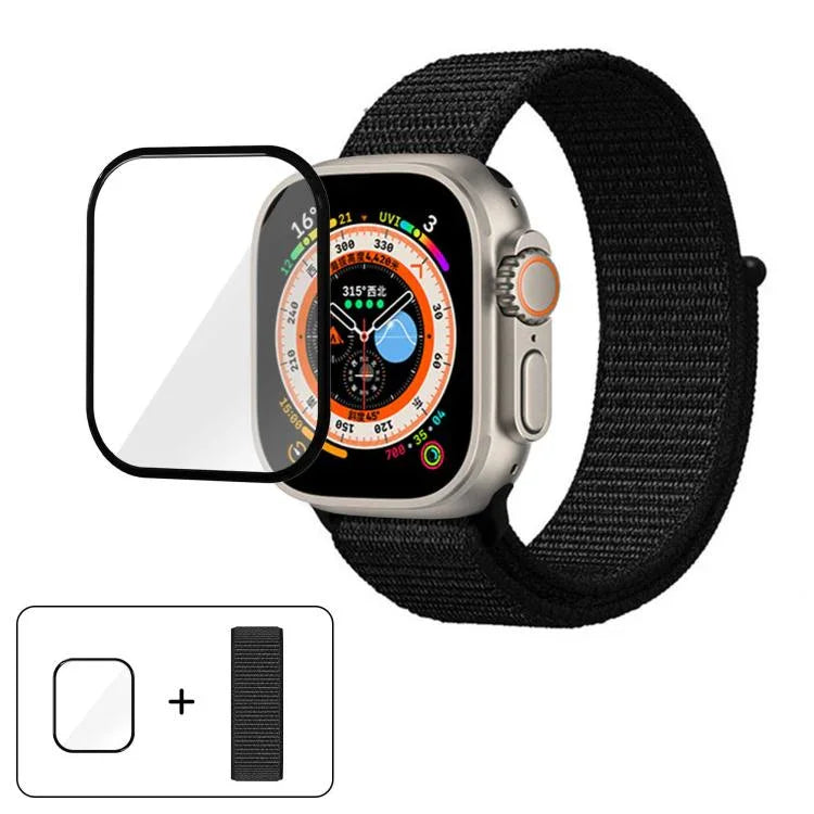 基本尼龍環形錶帶，配備3D曲面保護膜，適用於Apple Watch Series 40mm、Apple Watch Ultra 2 / 1 49mm、Apple Watch Series 45mm