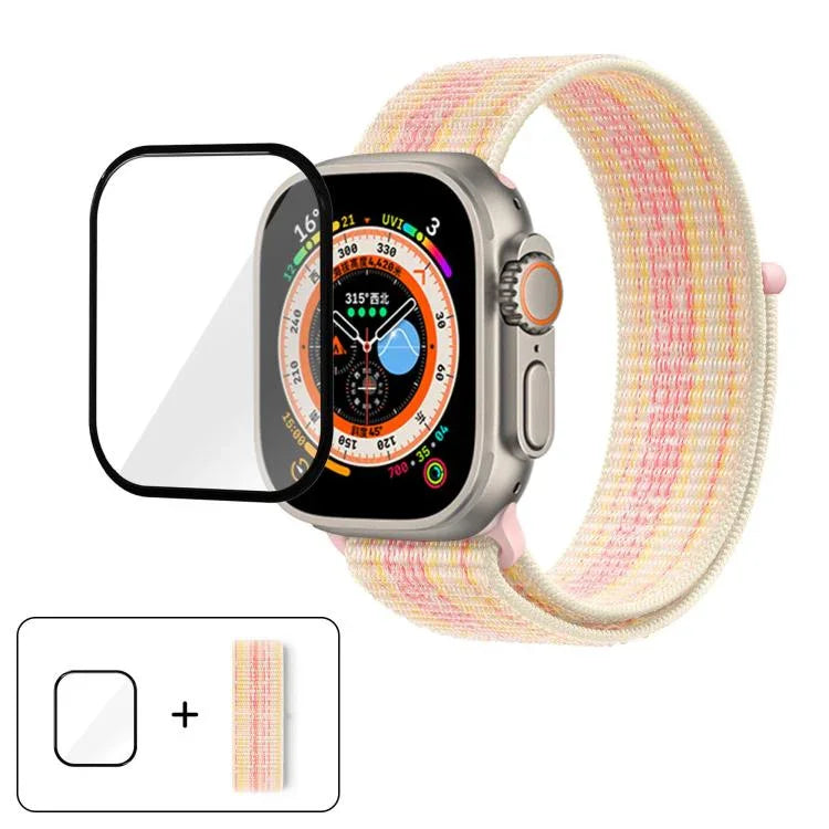 基本尼龍環形錶帶，配備3D曲面保護膜，適用於Apple Watch Series 40mm、Apple Watch Ultra 2 / 1 49mm、Apple Watch Series 45mm
