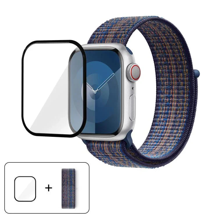 基本尼龍環形錶帶，配備3D曲面保護膜，適用於Apple Watch Series 40mm、Apple Watch Ultra 2 / 1 49mm、Apple Watch Series 45mm
