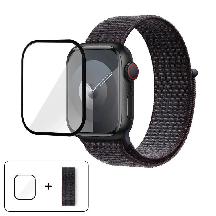 基本尼龍環形錶帶，配備3D曲面保護膜，適用於Apple Watch Series 40mm、Apple Watch Ultra 2 / 1 49mm、Apple Watch Series 45mm
