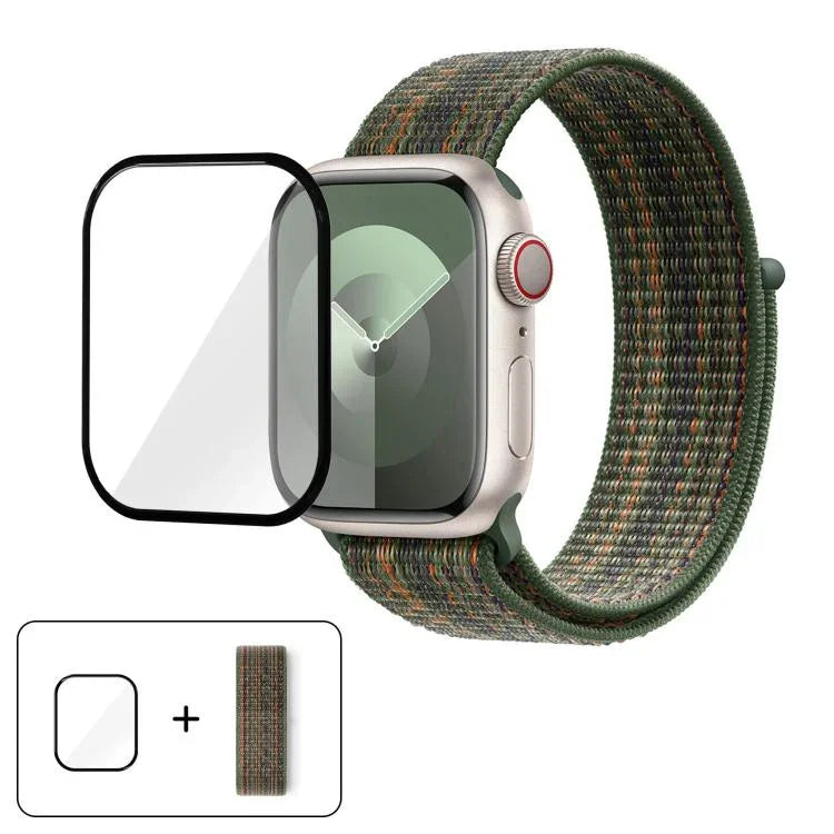 基本尼龍環形錶帶，配備3D曲面保護膜，適用於Apple Watch Series 41mm、Apple Watch Series 38mm、Apple Watch Series 42mm