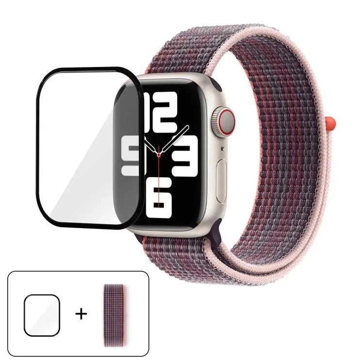 基本尼龍環形錶帶，配備3D曲面保護膜，適用於Apple Watch Series 41mm、Apple Watch Series 38mm、Apple Watch Series 42mm