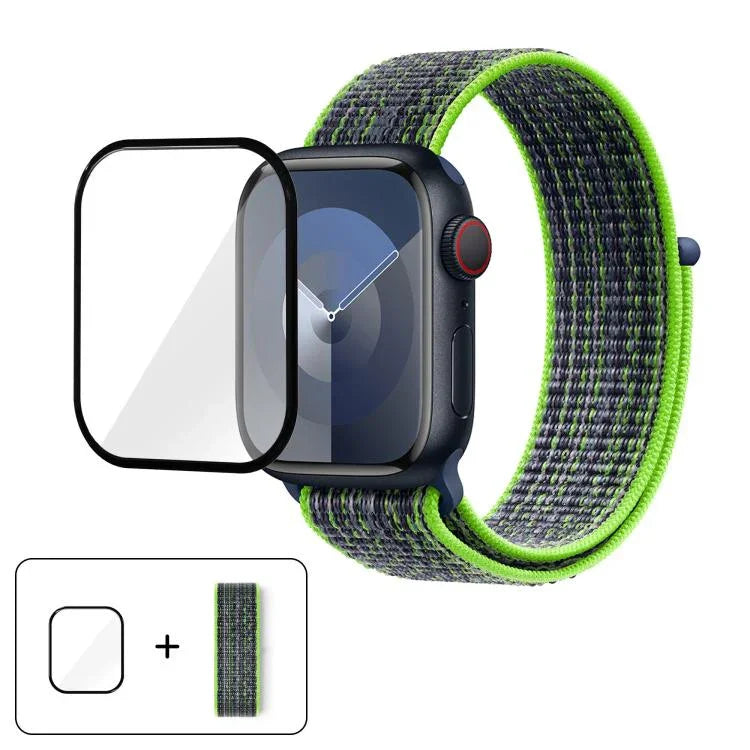 基本尼龍環形錶帶，配備3D曲面保護膜，適用於Apple Watch Series 41mm、Apple Watch Series 38mm、Apple Watch Series 42mm