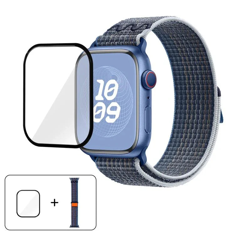 尼龍環形錶帶，配備3D曲面保護膜，適用於Apple Watch Series 10 46mm、Apple Watch Series 10 42mm、Apple Watch Series 44mm