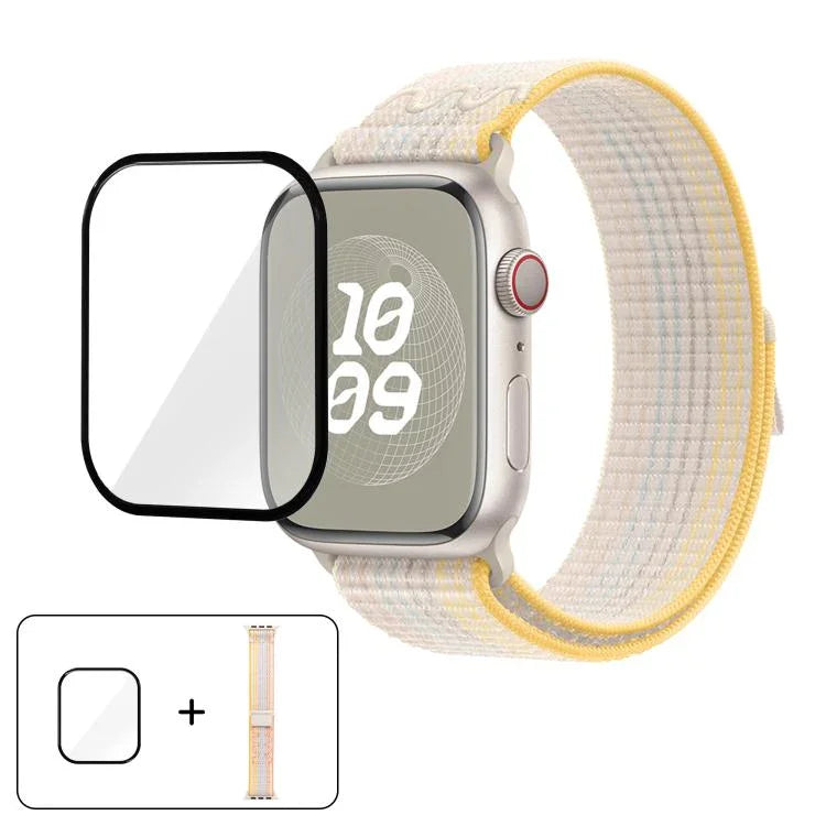 尼龍環形錶帶，配備3D曲面保護膜，適用於Apple Watch Series 10 46mm、Apple Watch Series 10 42mm、Apple Watch Series 44mm