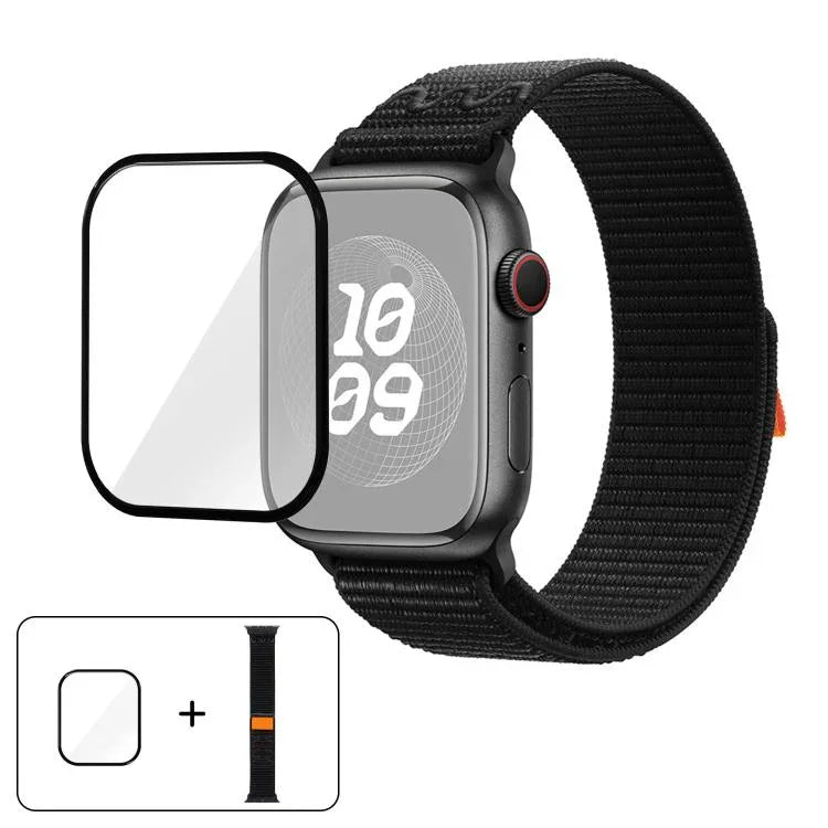尼龍環形錶帶，配備3D曲面保護膜，適用於Apple Watch Series 10 46mm、Apple Watch Series 10 42mm、Apple Watch Series 44mm