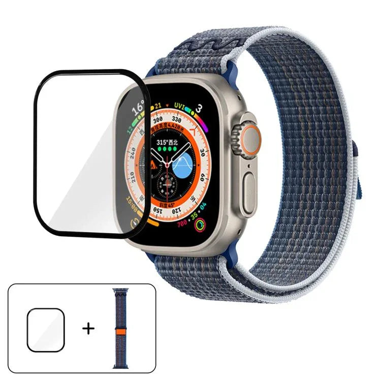 尼龍環形錶帶，配備3D曲面保護膜，適用於Apple Watch Series 40mm、Apple Watch Ultra 2 / 1 49mm、Apple Watch Series 45mm