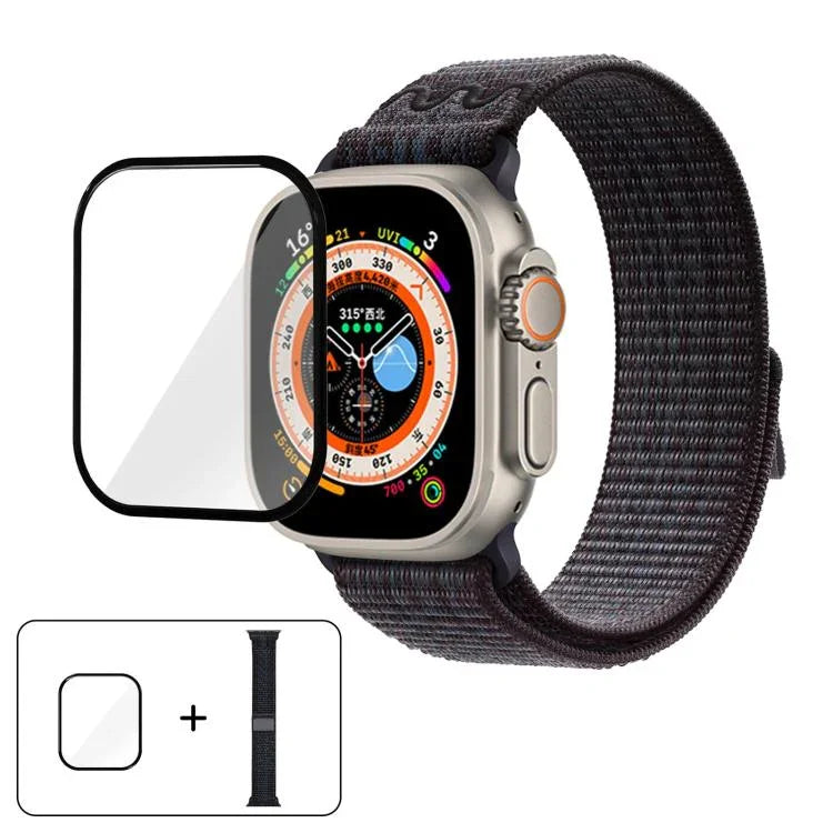 尼龍環形錶帶，配備3D曲面保護膜，適用於Apple Watch Series 40mm、Apple Watch Ultra 2 / 1 49mm、Apple Watch Series 45mm