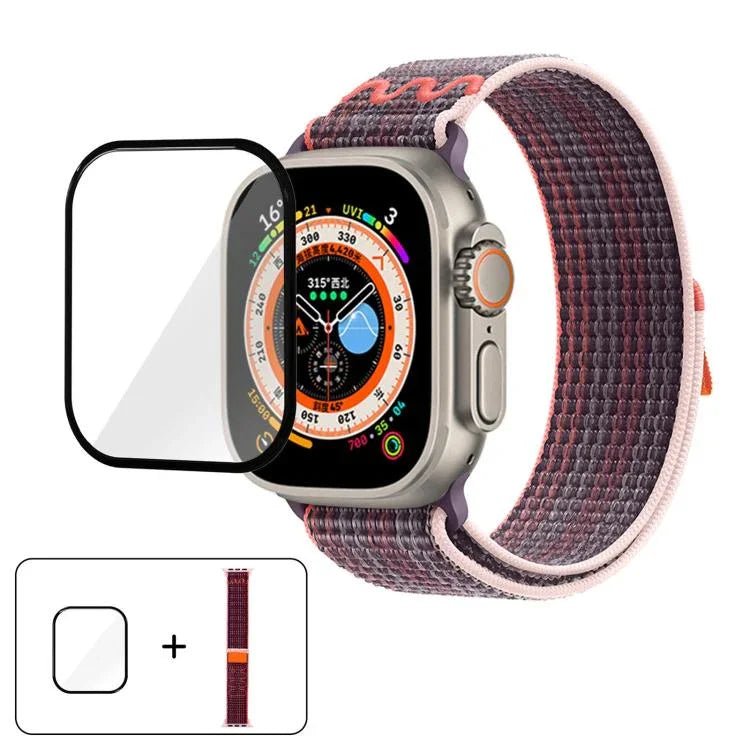 尼龍環形錶帶，配備3D曲面保護膜，適用於Apple Watch Series 40mm、Apple Watch Ultra 2 / 1 49mm、Apple Watch Series 45mm