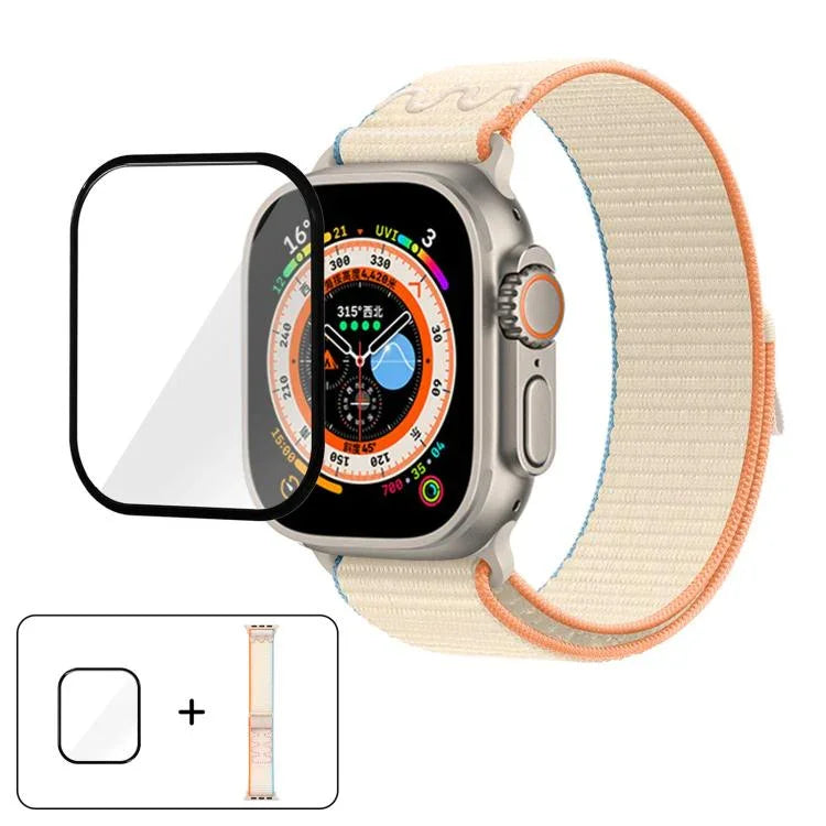 尼龍環形錶帶，配備3D曲面保護膜，適用於Apple Watch Series 40mm、Apple Watch Ultra 2 / 1 49mm、Apple Watch Series 45mm