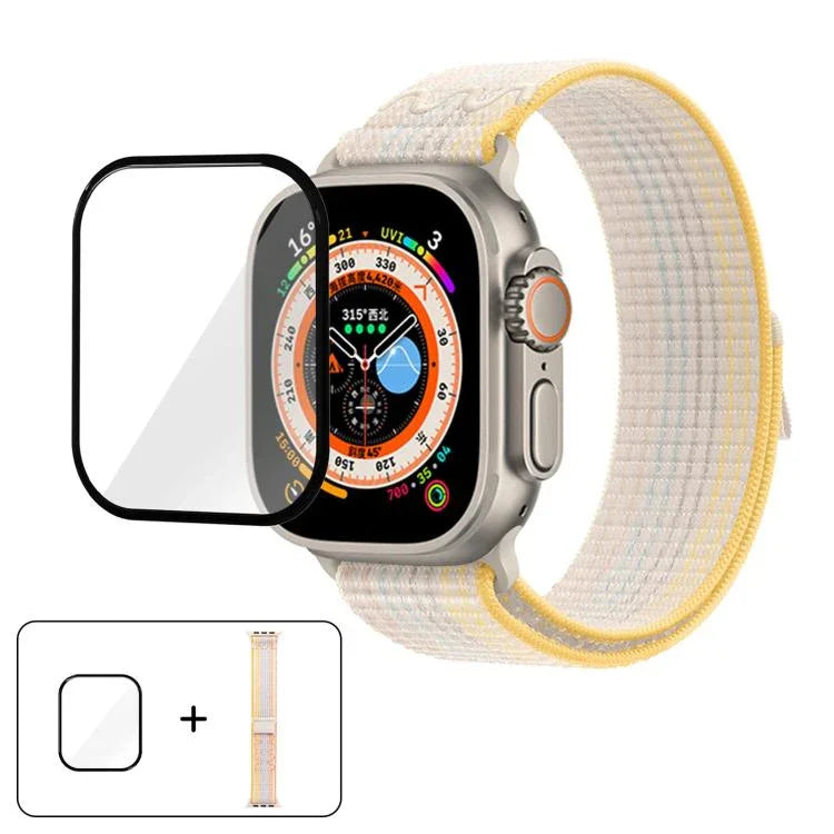 尼龍環形錶帶，配備3D曲面保護膜，適用於Apple Watch Series 40mm、Apple Watch Ultra 2 / 1 49mm、Apple Watch Series 45mm