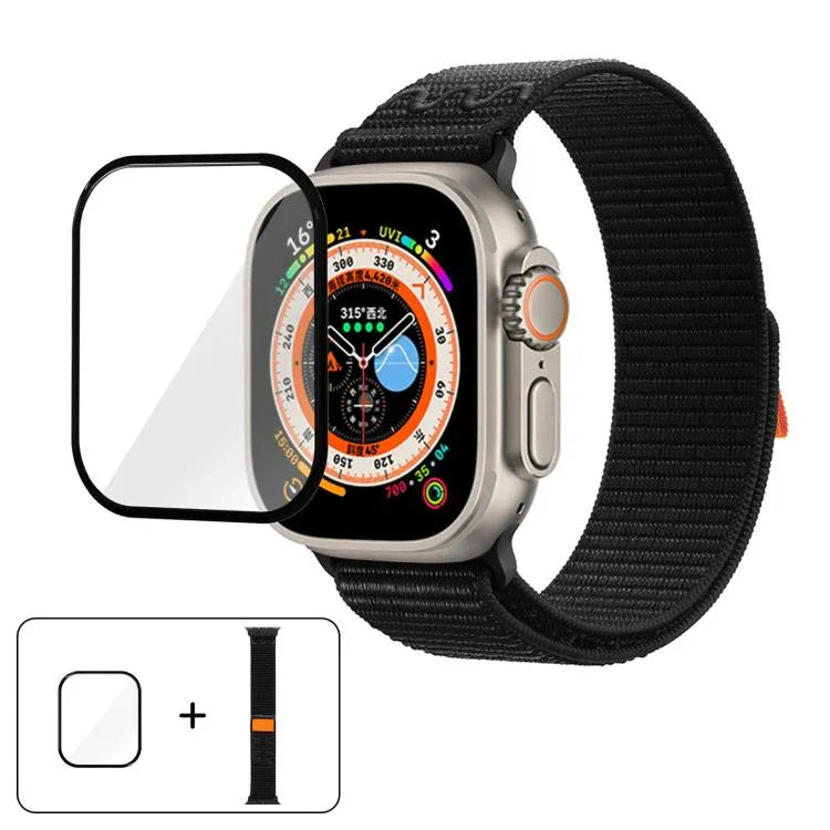 尼龍環形錶帶，配備3D曲面保護膜，適用於Apple Watch Series 40mm、Apple Watch Ultra 2 / 1 49mm、Apple Watch Series 45mm