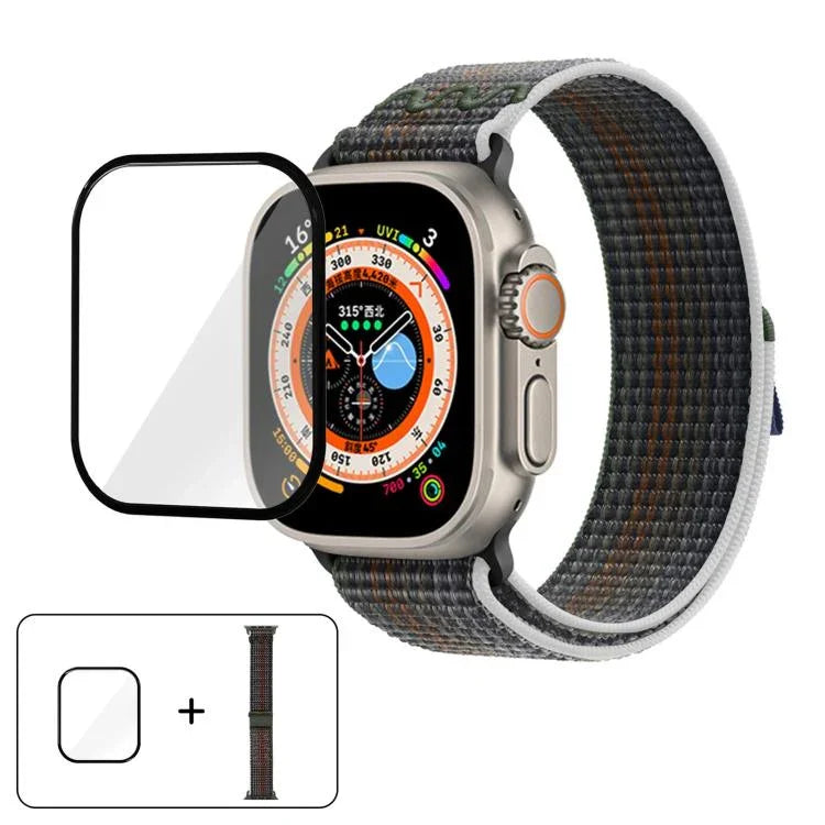尼龍環形錶帶，配備3D曲面保護膜，適用於Apple Watch Series 40mm、Apple Watch Ultra 2 / 1 49mm、Apple Watch Series 45mm