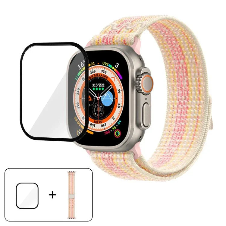 尼龍環形錶帶，配備3D曲面保護膜，適用於Apple Watch Series 40mm、Apple Watch Ultra 2 / 1 49mm、Apple Watch Series 45mm