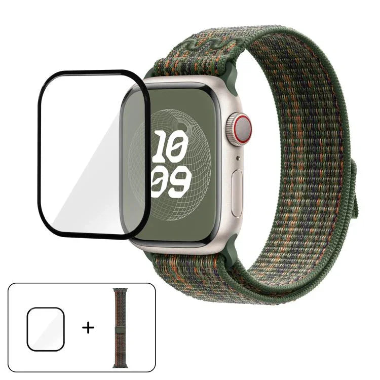 尼龍環形錶帶，配備3D曲面保護膜，適用於Apple Watch Series 41mm、Apple Watch Series 38mm、Apple Watch Series 42mm