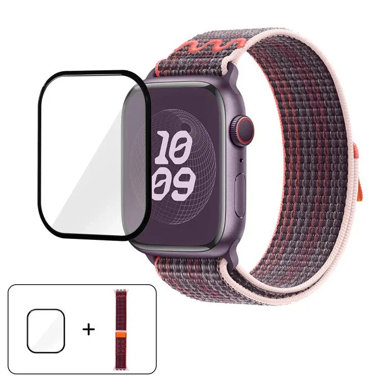 尼龍環形錶帶，配備3D曲面保護膜，適用於Apple Watch Series 41mm、Apple Watch Series 38mm、Apple Watch Series 42mm