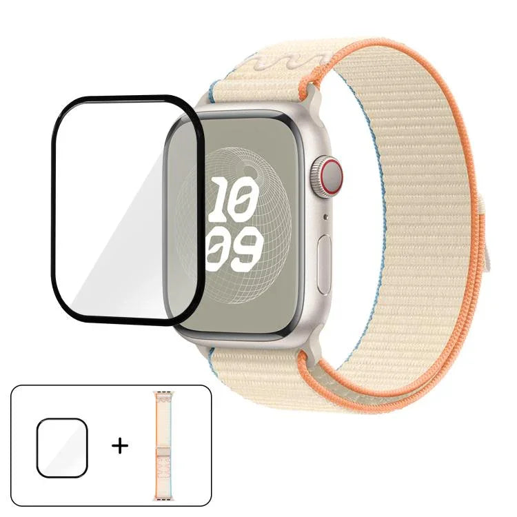 尼龍環形錶帶，配備3D曲面保護膜，適用於Apple Watch Series 41mm、Apple Watch Series 38mm、Apple Watch Series 42mm