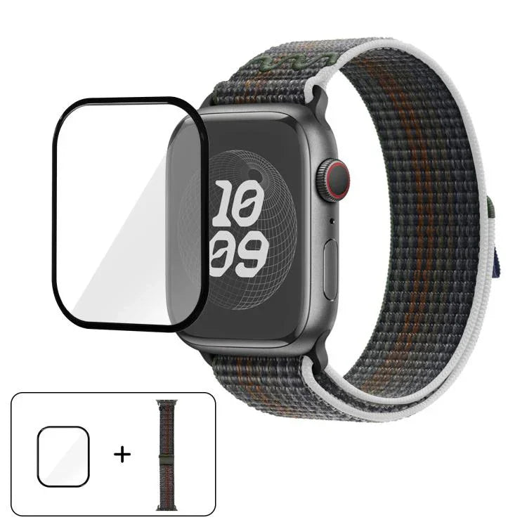 尼龍環形錶帶，配備3D曲面保護膜，適用於Apple Watch Series 41mm、Apple Watch Series 38mm、Apple Watch Series 42mm