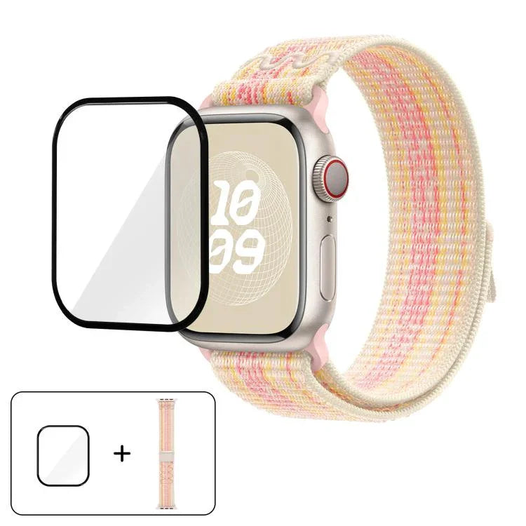 尼龍環形錶帶，配備3D曲面保護膜，適用於Apple Watch Series 41mm、Apple Watch Series 38mm、Apple Watch Series 42mm