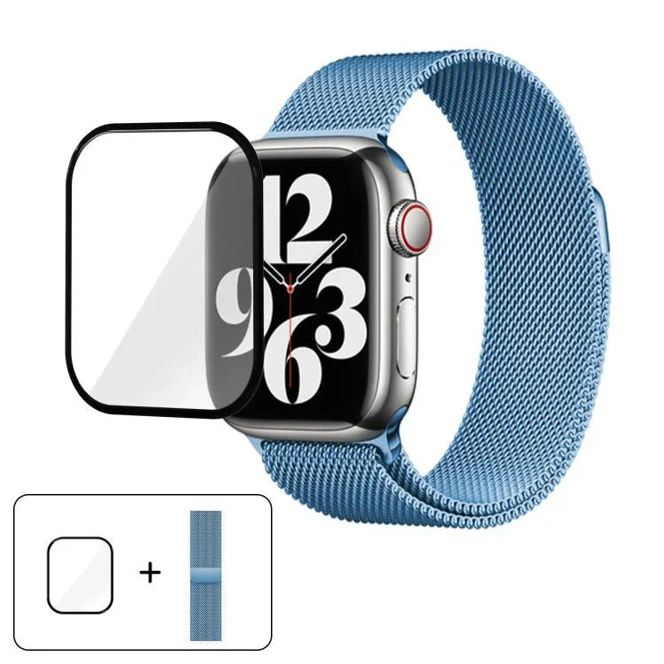 米蘭不鏽鋼錶帶，配備3D曲面保護膜，適用於Apple Watch Series 10 46mm、Apple Watch Series 10 42mm、Apple Watch Series 44mm
