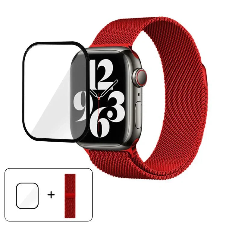 米蘭不鏽鋼錶帶，配備3D曲面保護膜，適用於Apple Watch Series 10 46mm、Apple Watch Series 10 42mm、Apple Watch Series 44mm